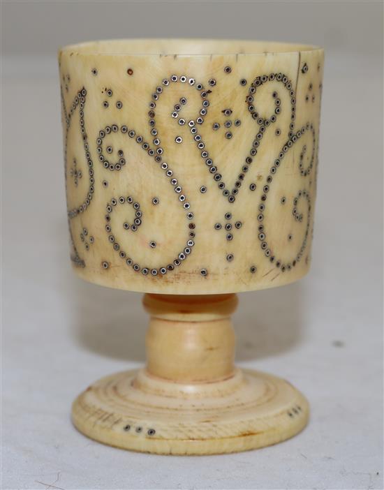 A rare English ivory and pique work cup, c.1700, height 7.5cm (3in.)